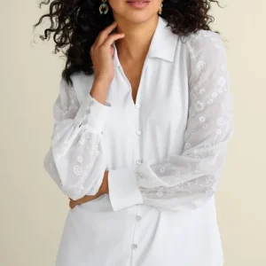 Soft Surroundings Calathea Embroidered Sleeve Shirt- Tops