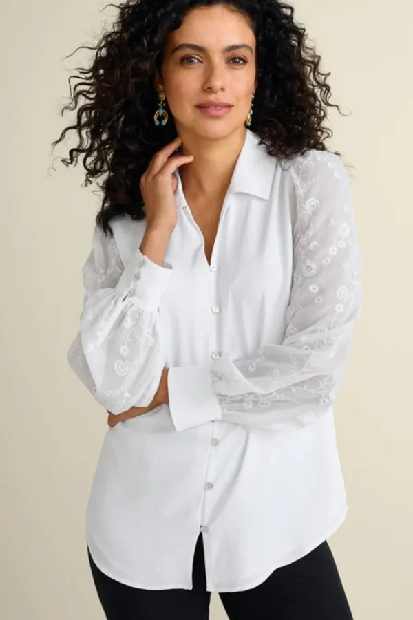 Soft Surroundings Calathea Embroidered Sleeve Shirt- Tops