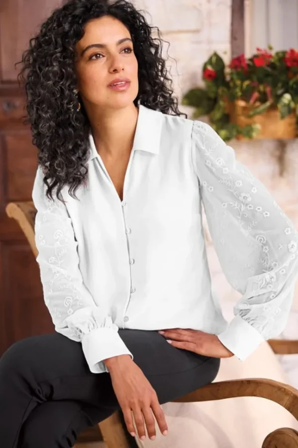 Soft Surroundings Calathea Embroidered Sleeve Shirt- Tops