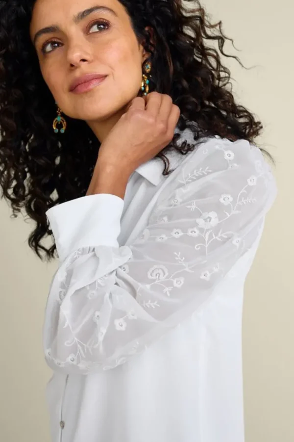 Soft Surroundings Calathea Embroidered Sleeve Shirt- Tops