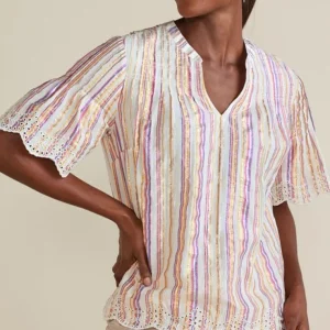 Soft Surroundings Ciel Metallic Stripe Eyelet Top- Tops