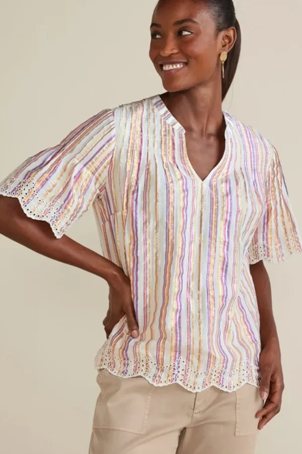 Soft Surroundings Ciel Metallic Stripe Eyelet Top- Tops