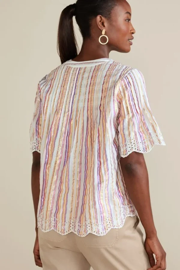 Soft Surroundings Ciel Metallic Stripe Eyelet Top- Tops