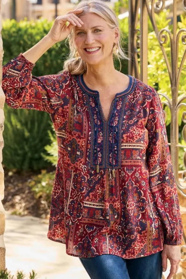 Soft Surroundings Cindra Embroidered Gauze Tunic- Tops