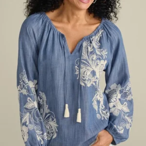 Soft Surroundings Diya Embroidered Tencel™ Peasant Top- Tops