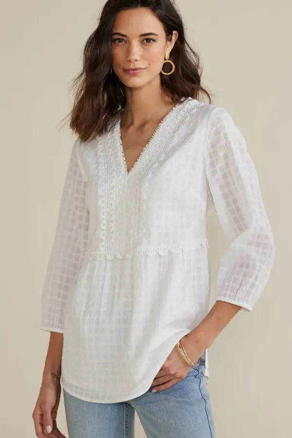 Soft Surroundings Elodie Windowpane Gauze Top- Tops