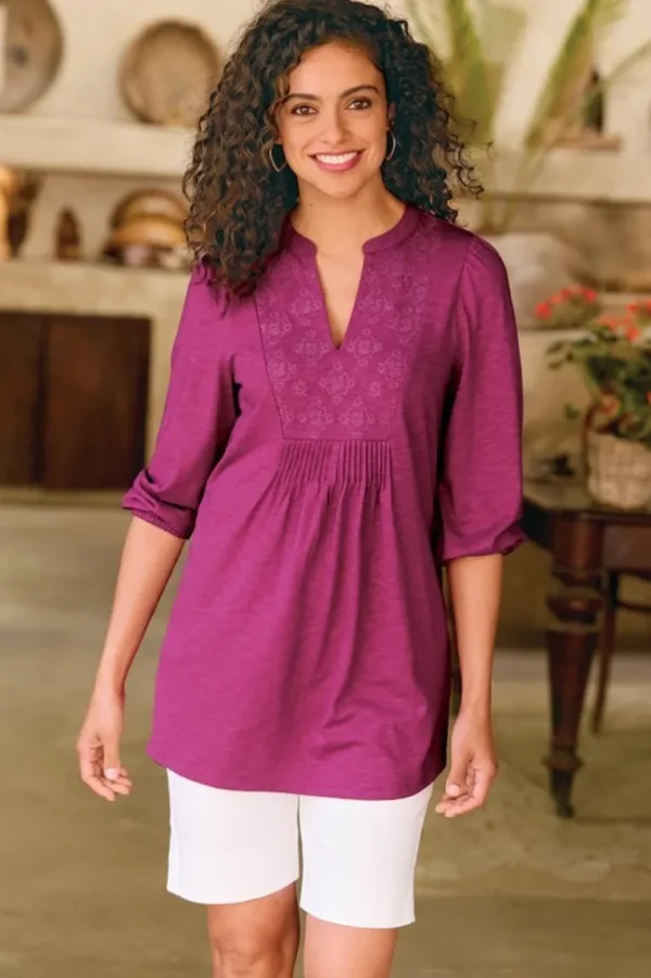 Soft Surroundings Mikaela Embroidered 3/4 Sleeve Tunic- Tops | Tunics & Leggings