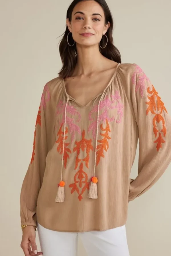 Soft Surroundings Noura Embroidered Gauze Pullover- Tops