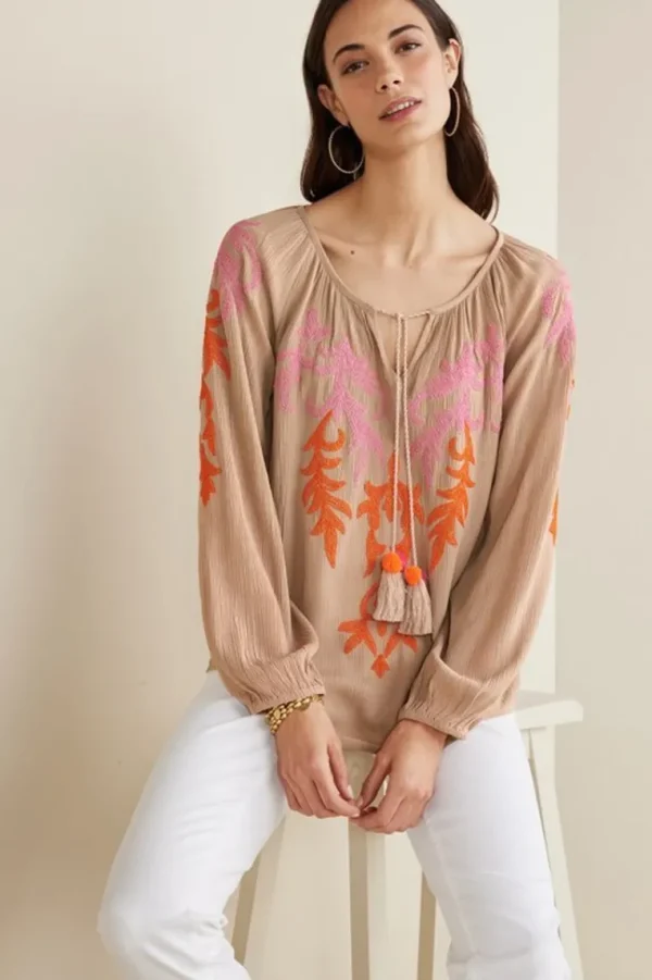 Soft Surroundings Noura Embroidered Gauze Pullover- Tops