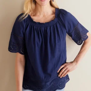 Soft Surroundings Rahma Eyelet Trimmed Tee- Tops