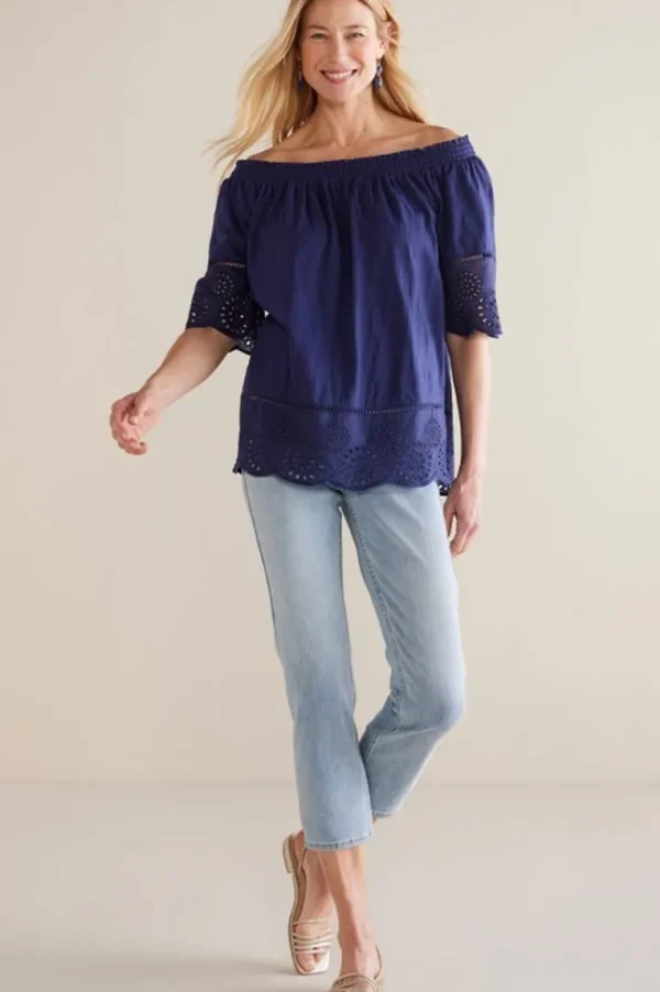 Soft Surroundings Rahma Eyelet Trimmed Tee- Tops