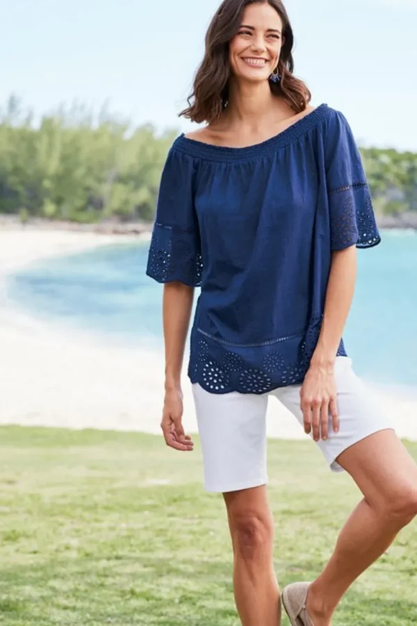 Soft Surroundings Rahma Eyelet Trimmed Tee- Tops