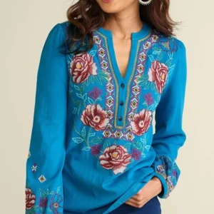 Soft Surroundings Riva Embroidered Knit Gauze Top- Tops